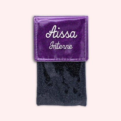 Two-tone pouch with purple glitter flap