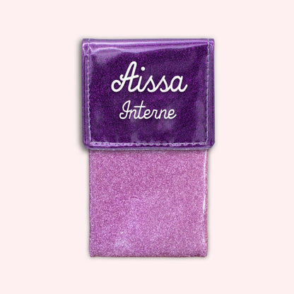 Two-tone pouch with purple glitter flap