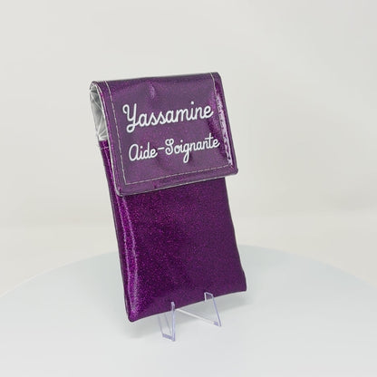 Two-tone pouch with purple glitter flap