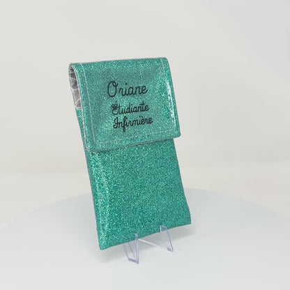 Two-tone pouch with flap in Tropical Blue Glitter