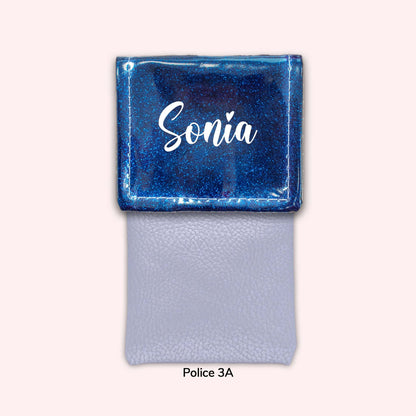 Two-tone pouch with midnight blue flap, sequins