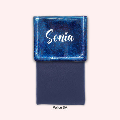 Two-tone pouch with midnight blue flap, sequins