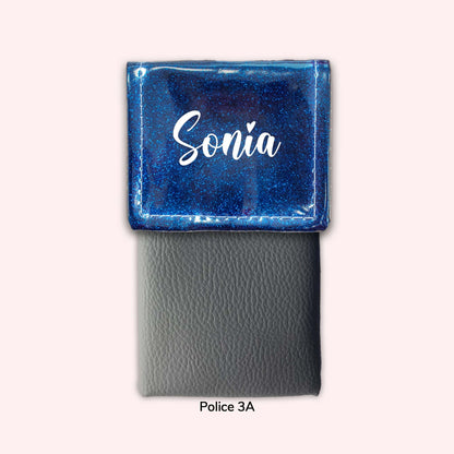 Two-tone pouch with midnight blue flap, sequins