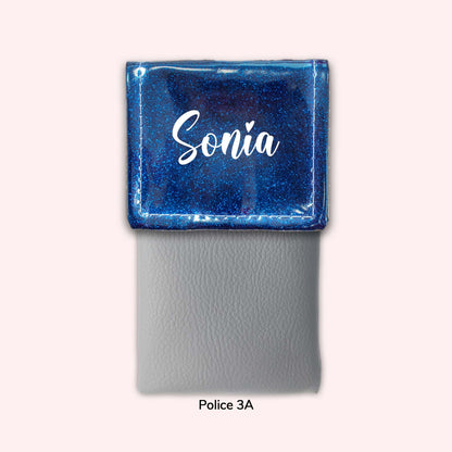 Two-tone pouch with midnight blue flap, sequins